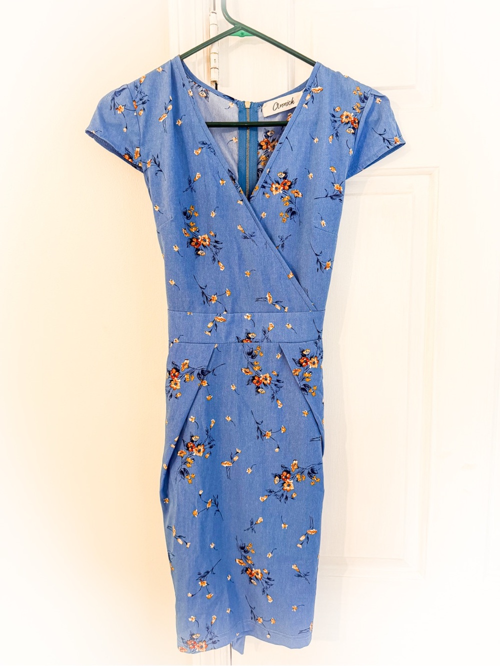Blue Floral Faux-Wrap Midi Dress